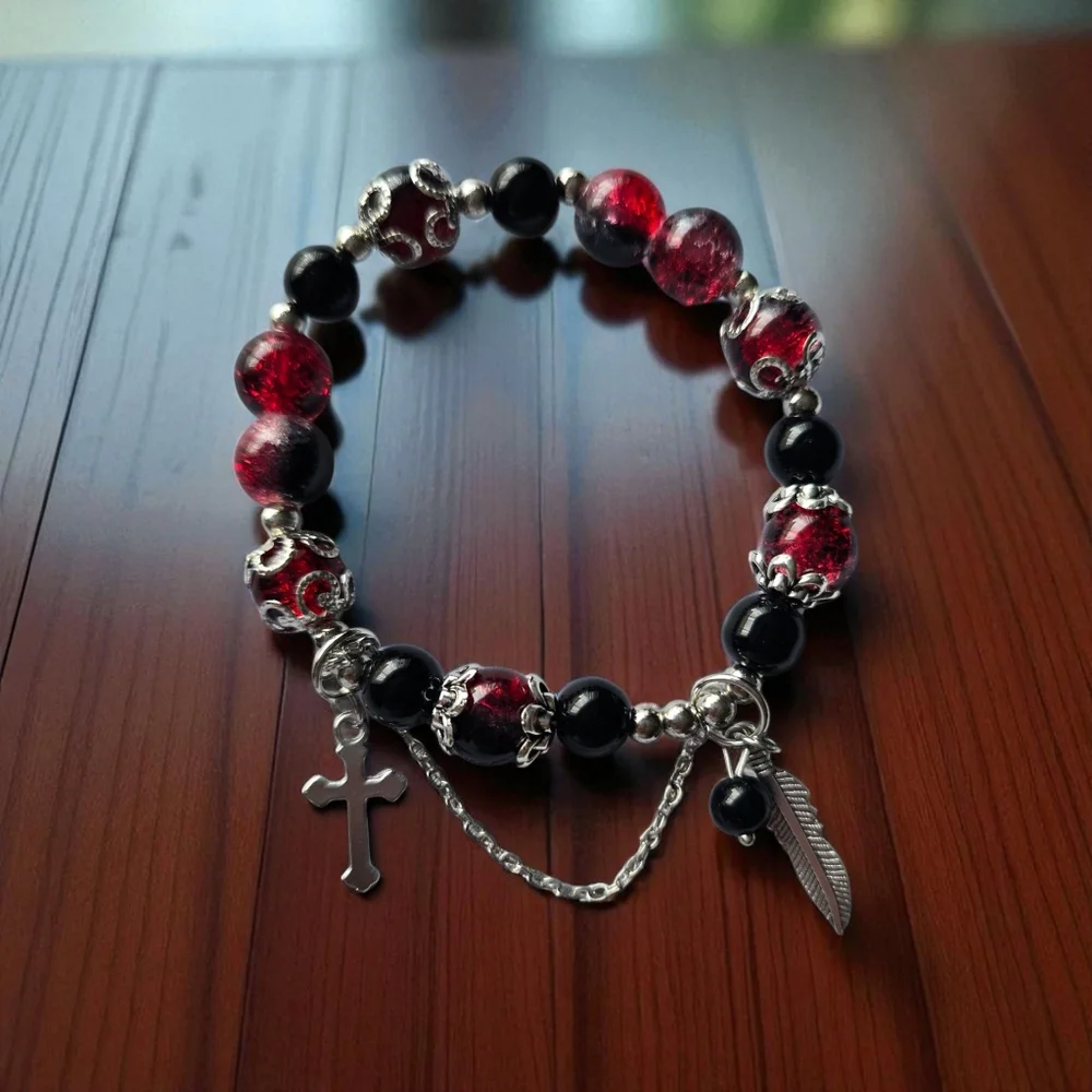 Black and Red Beaded Elastic Bracelet with Silver‎ Charms